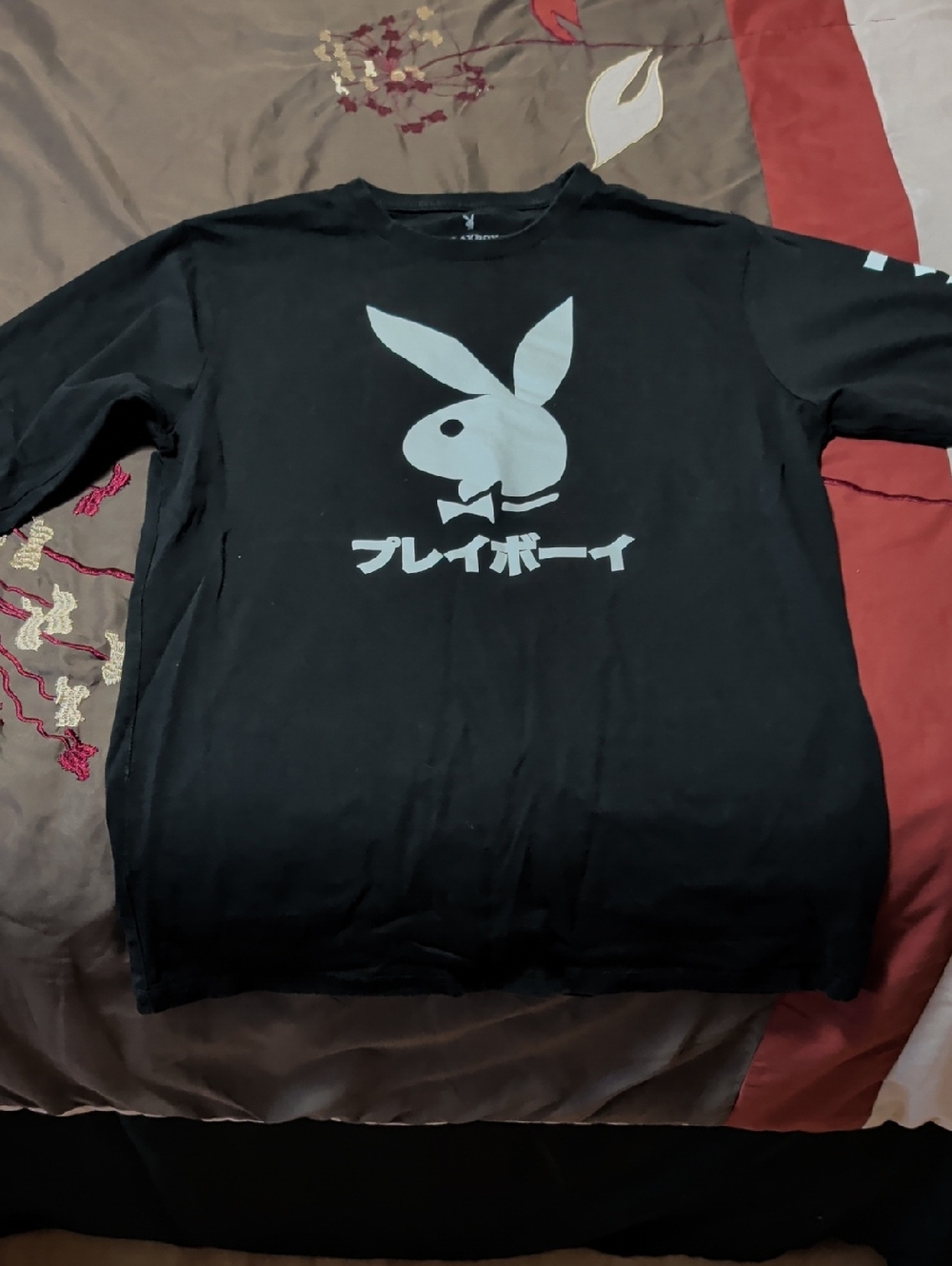 PLAYBOY Black Tee with White Bunny Graphic and Japanese Text